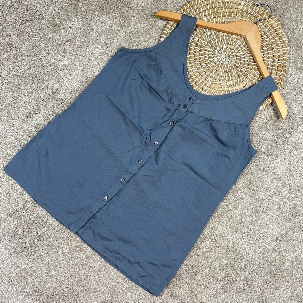 Nau Sleeveless Button Front Top Blouse Organic Cotton Silk in Blue Size M